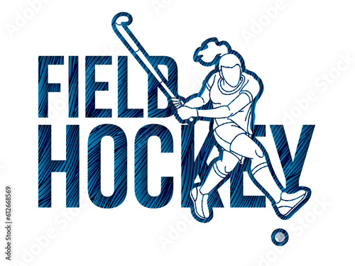 Field Hockey Female Player Action with Text Font Design Cartoon Graphic Vector