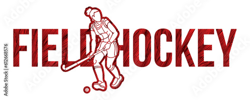 Field Hockey Female Player Action with Text Font Design Cartoon Graphic Vector