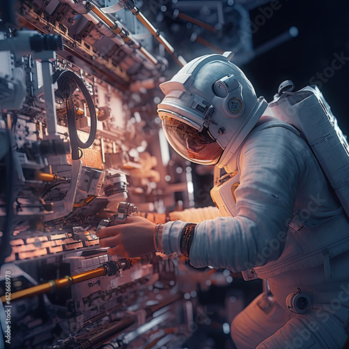 Cosmonaut repairs station in outer space Generative AI © cherezoff