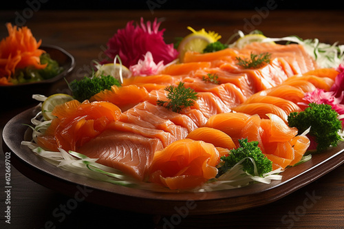 salmon sliced on a wooden tray with flowers