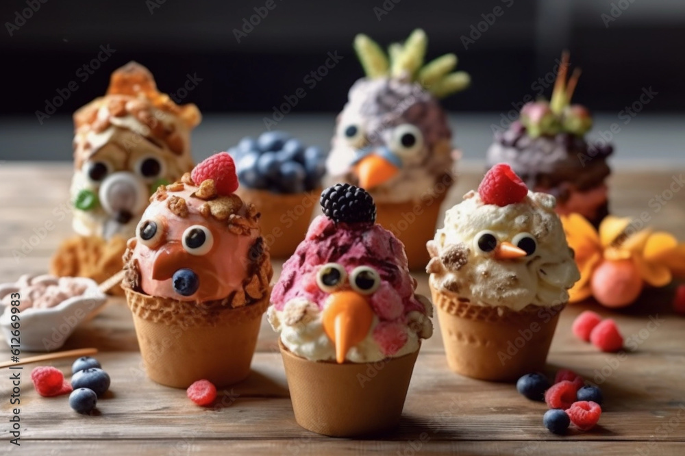 ice cream cones with bird masks