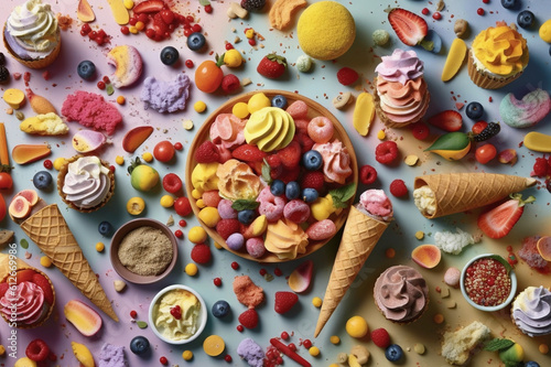 a colorful view of various desserts, including ice cream concoctions © kaien
