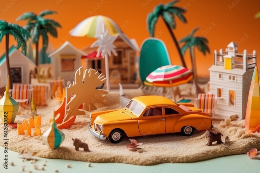 miniature model of a tropical island with vehicles and a car