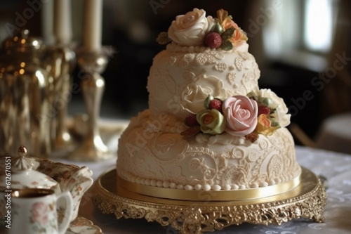antique wedding cake set on a table
