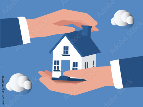 House in businessman palm with other hand cover to protect as insurance coverage. House insurance, real estate or property protection, home security concept.
