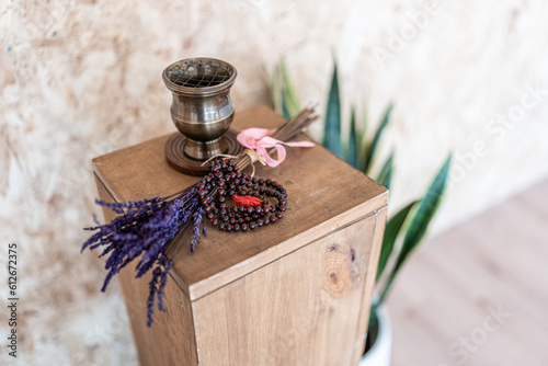 zen yoga totem with tibetan singing bowl. relaxation area concept photo