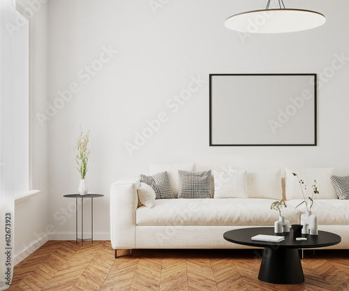 Horizontal picture frame mock up in modern living room interior photo