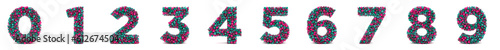 Números en 3D Futurista en colores al estilo cyberpunk, compuesto por esferas de colores sobre fondo blanco 