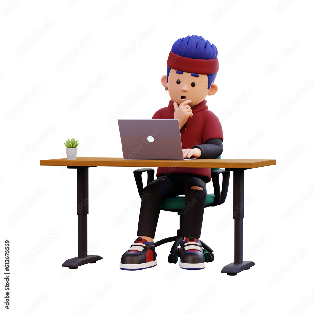3d male character thinking and working on a laptop 3d male character thinking and working on a laptop