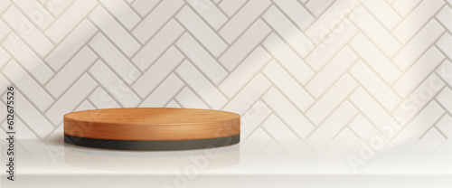 Realistic round wood podium on tiled wall background. Vector illustration of natural oak platform for luxury beauty product presentation, kitchen interior design accessory, modern beige bathroom