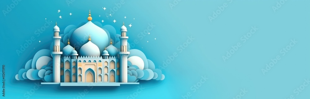 lantern and mosque islamic, eid mubarak, eid al adha, banner with generative AI	