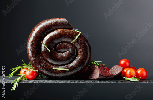 Bild auf Leinwand Traditional European black pudding or blood sausage with rosemary and tomatoes