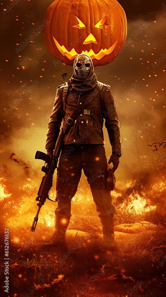 Fototapeta premium Spec Ops Hell Warrior Soldier Blow Up Action Scene Weapon, Halloween Jak o Lantern Fighter Exploding Cinematic Blaze, Generative ai