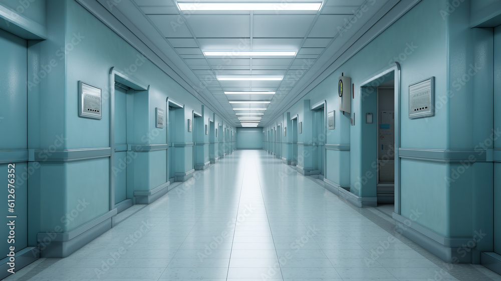 empty hospital corridor, soft lights	

