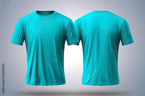 Cyan male t-shirt realistic mockup set from front and back view, blank textile print design template for fashion apparel. Created with Generative AI Technology