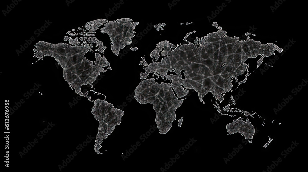 World map on black background. Generative AI.