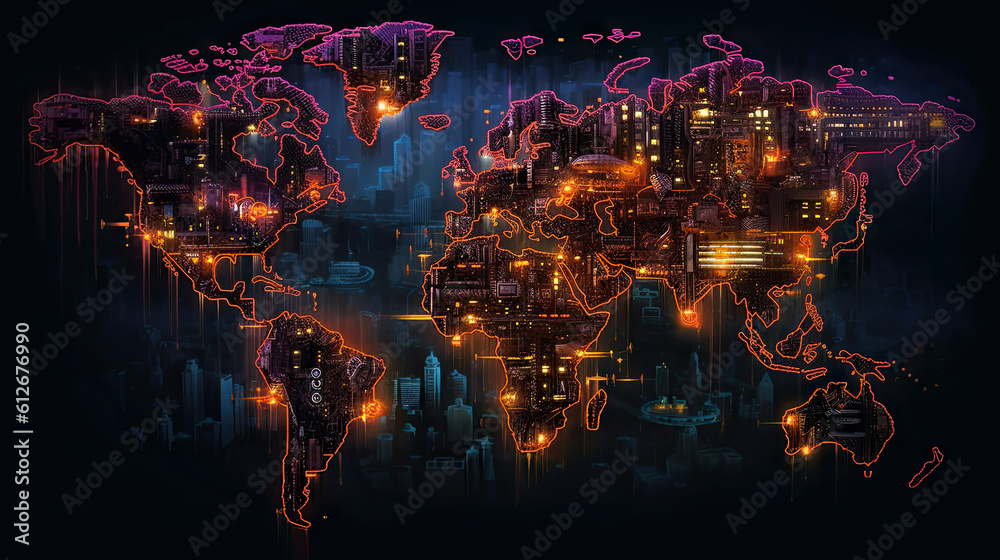 World map cyberpunk background. Generative AI. World map cyberpunk background. Generative AI.