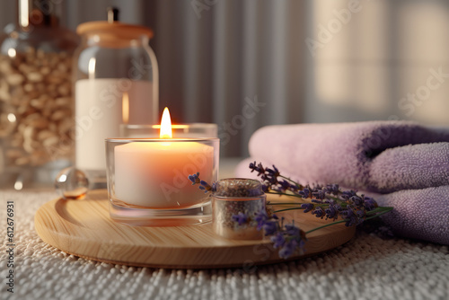 Aromatherapy Bliss: Still Life of Lavender Oil, White Towel, and Perfumed Candle on Natural Wood in Spa Setting