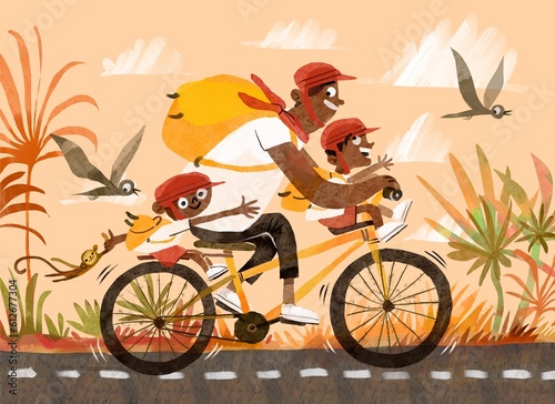 Happy father and sons ride by bicycle  photo