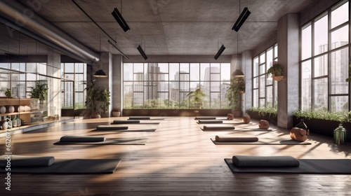 Yoga gym with a modern concrete interior. Generative AI © piai