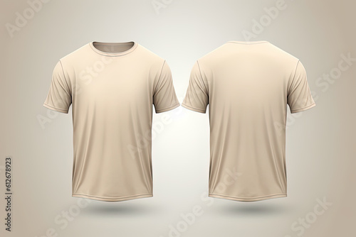 Beige male t-shirt realistic mockup set from front and back view, blank textile print design template for fashion apparel. Created with Generative AI Technology