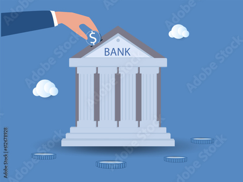 Businessman hand put dollar coin on investment bank. Investment bank financial service to provide invest advisory, wealth management or loan for company, money growth or profit and earning concept.
