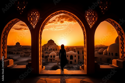 Silhouette of a Persian woman in national dress against the background of traditional Iranian architecture. Sunset.