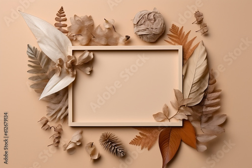 Flat lay of frame withleaves decoration