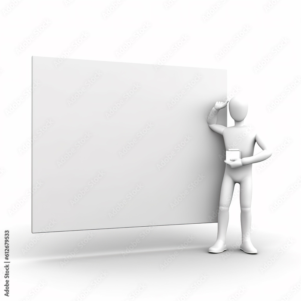 3d person with a white blank board, in the style of mono-ha, empty space, white background