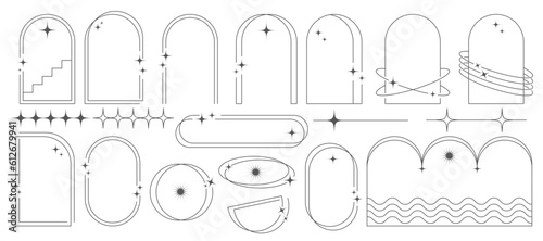 Aesthetic frames and shapes with stars. Minimal y2k outline graphic design with sparkles. Abstract minimalistic arches borders. Trendy boho geometric templates set. Vector illustration.