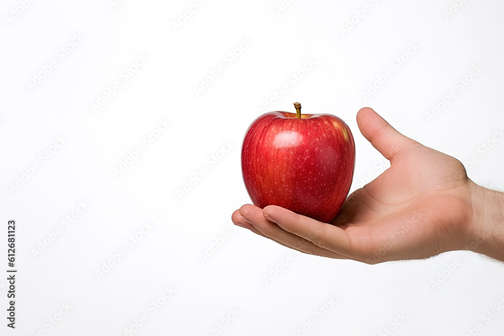 hand holding and showing a fresh whole red apple on white background with copy space. Created with Generative AI Technology hand holding and showing a fresh whole red apple on white background with copy space. Created with Generative AI Technology