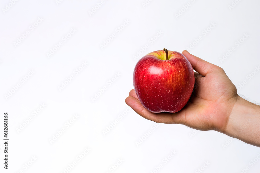 hand holding and showing a fresh whole red apple on white background with copy space. Created with Generative AI Technology hand holding and showing a fresh whole red apple on white background with copy space. Created with Generative AI Technology