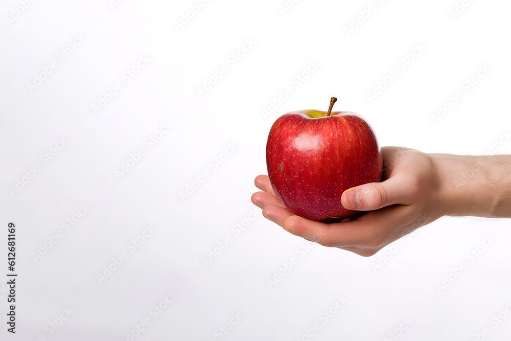 hand holding and showing a fresh whole red apple on white background with copy space. Created with Generative AI Technology hand holding and showing a fresh whole red apple on white background with copy space. Created with Generative AI Technology