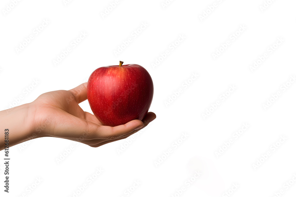 hand holding and showing a fresh whole red apple on white background with copy space. Created with Generative AI Technology hand holding and showing a fresh whole red apple on white background with copy space. Created with Generative AI Technology
