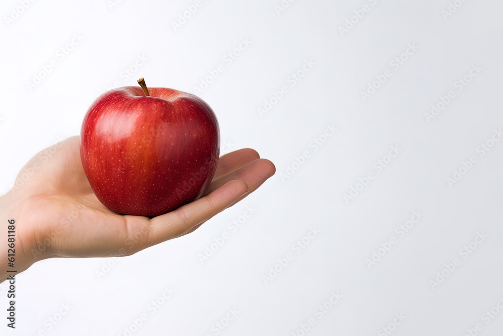 hand holding and showing a fresh whole red apple on white background with copy space. Created with Generative AI Technology hand holding and showing a fresh whole red apple on white background with copy space. Created with Generative AI Technology