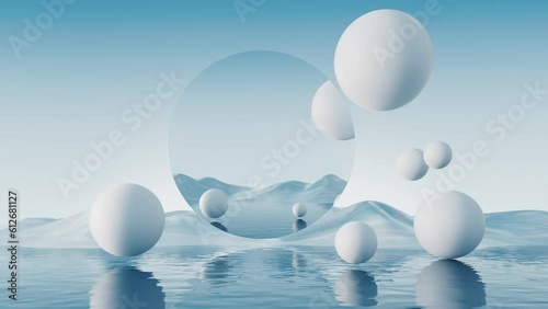 Water surface with round balls background, 3d rendering. photo