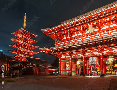 Night scenery of Historical landmark The Senso-Ji Temple in Asakusa, Tokyo, Japan. Japanese wordings on the architecture means "Senso-Ji Temple" and the wording on lantern means "kobuna town district" © leeyiutung