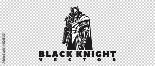 Vector logo. Fantasy black knight in armor. Emblem or label. Isolated background.