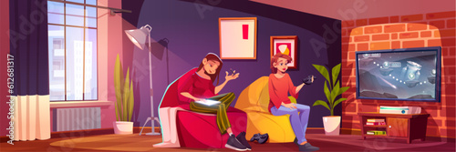 Woman play video game on tv cartoon background. Gamer living room with armchair, console and gamepad. Sun ray from window on livingroom objects and monitor. Friend recreation together at home