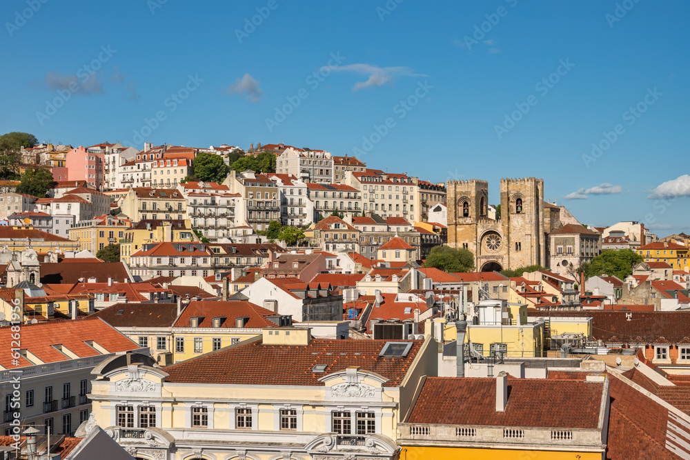 Lisbon Portugal, high angle view city skyline at Lisbon Baixa district with Lisbon Pantheon