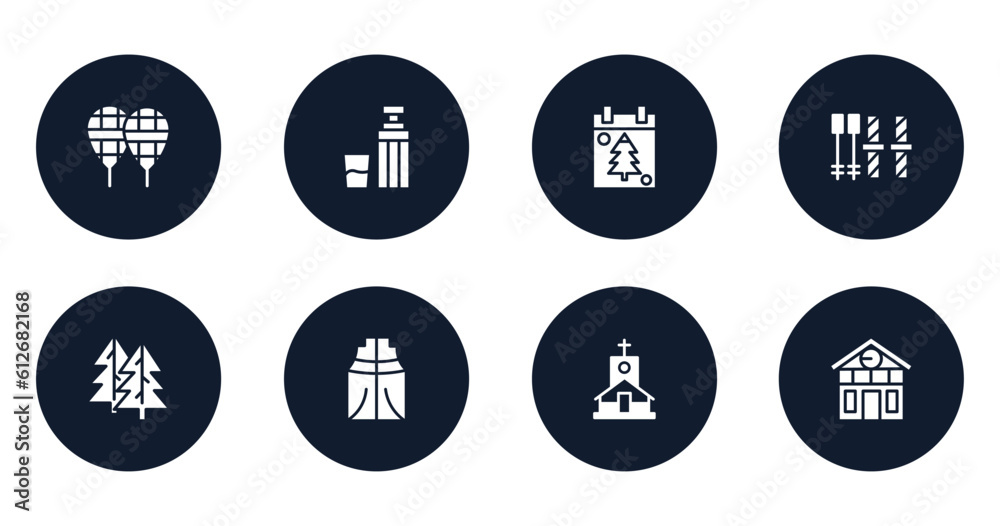 winter filled icons set. flat filled icons sheet included snowshoes, themos flask, christmas day, ski equiptment, fir, anorak vest, chapel, chalet vector.