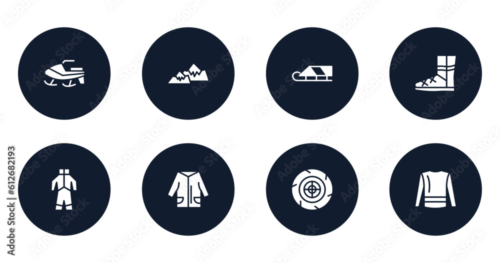 winter filled icons set. flat filled icons sheet included snowmobile, snowy mountain, sledge, winter boots, snowsuit, winter clothes, tire, turtleneck sweater vector. winter filled icons set. flat filled icons sheet included snowmobile, snowy mountain, sledge, winter boots, snowsuit, winter clothes, tire, turtleneck sweater vector.