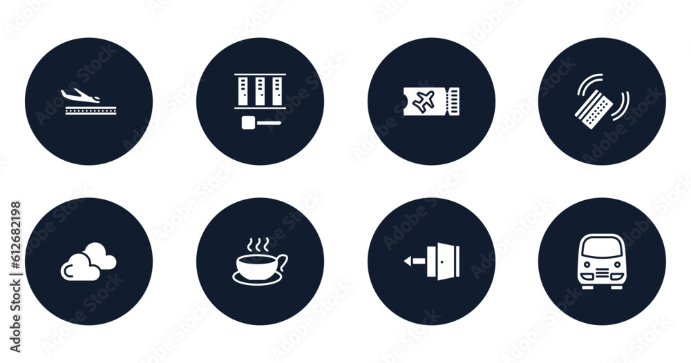 in the airport filled icons set. flat filled icons sheet included plane landing, three lockers with key, flight ticket, check in with card, two clouds with different size, cup of hot coffee, exit,