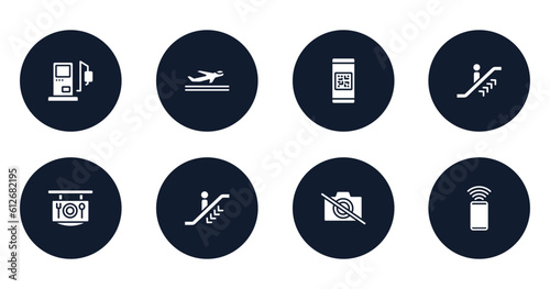 airport and travel filled icons set. flat filled icons sheet included gas station, departures, qr code scan, upwards or, restaurant, or going down, no photography, smartphone with wifi vector.