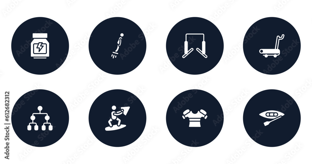x treme filled icons set. flat filled icons sheet included whey protein, flyboard, horizontal bars, treadmill hine, playoff, wakeboarding, armour, canoeing vector.