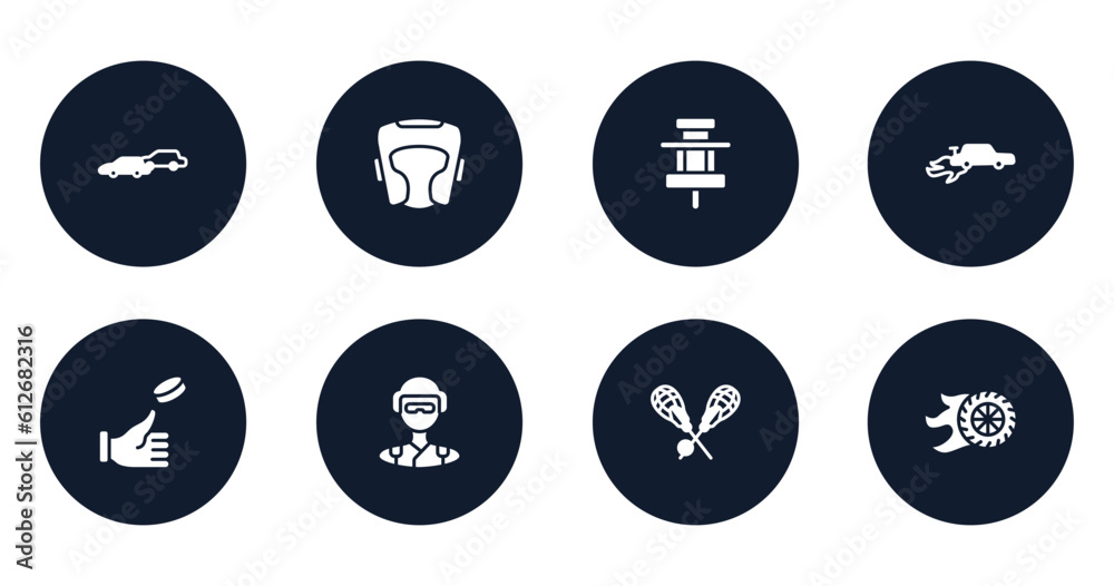 racing filled icons set. flat filled icons sheet included chase, headgear, paddock, autocross, coin toss, skydiver, lacrosse, burnout vector.