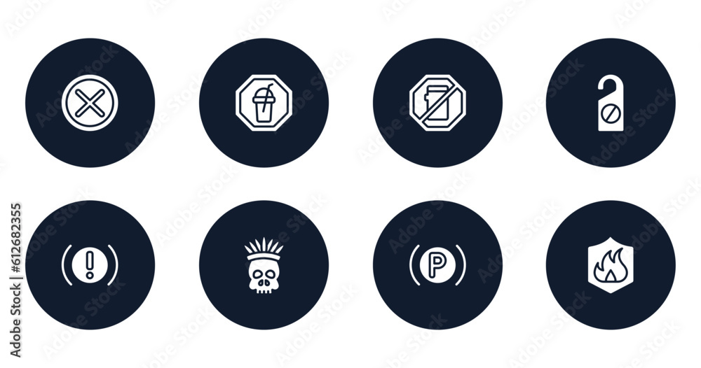 safety filled icons set. flat filled icons sheet included unchecked, milk shake, no mobile phone, do not disturbe, brake system warning, native american skull, parking lights, fire vector.