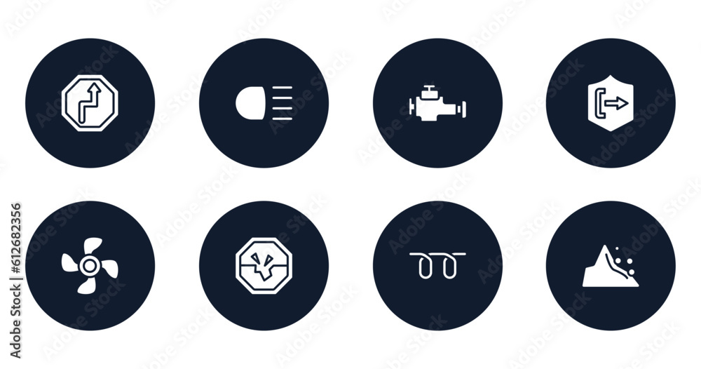 public spaces signals filled icons set. flat filled icons sheet included bend, high beam, malfunction indicador, pull, ventilating fan, road collapse, glowplug, mountain pse vector.