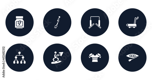 x treme filled icons set. flat filled icons sheet included whey protein, flyboard, horizontal bars, treadmill hine, playoff, wakeboarding, armour, canoeing vector.