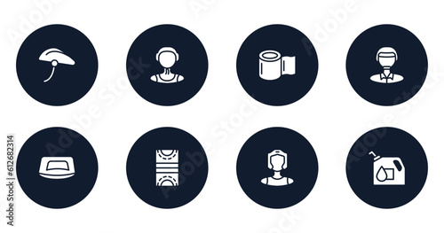 racing filled icons set. flat filled icons sheet included bike helmet, waterpolo player, elastic handwraps, polo player, push up, hockey pitch, kickboxer, oil down vector.
